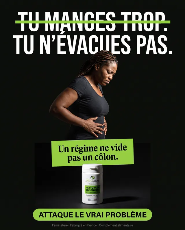 Ad for a colon-cleanse supplement: woman holding her stomach against a black background, headline “You eat too much” crossed out, replaced by “You don’t empty out”.