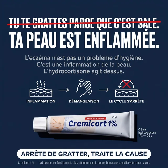 Ad for Cremicort cream: “Your skin is inflamed”, diagram of inflammation → itching → the cycle stops.