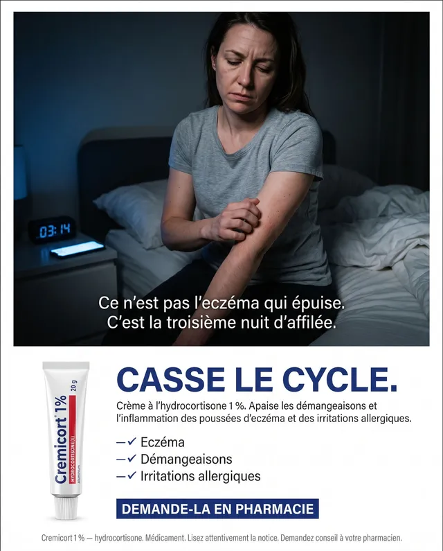 Ad for a hydrocortisone cream: woman scratching her arm at 3 a.m., headline “Break the cycle”.