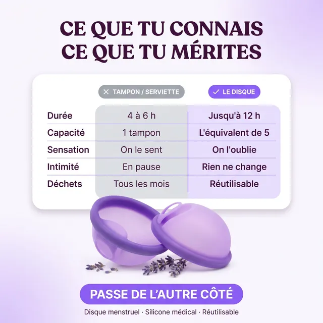 Ad for a menstrual disc: purple comparison table against tampons — wear time, capacity, feel, waste.