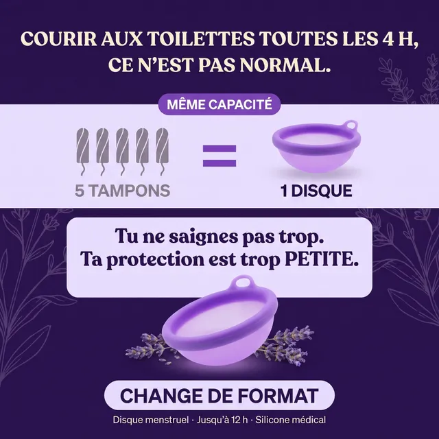 Ad for a purple menstrual disc: 5 tampons = 1 disc, “Your protection is too small — change format”.