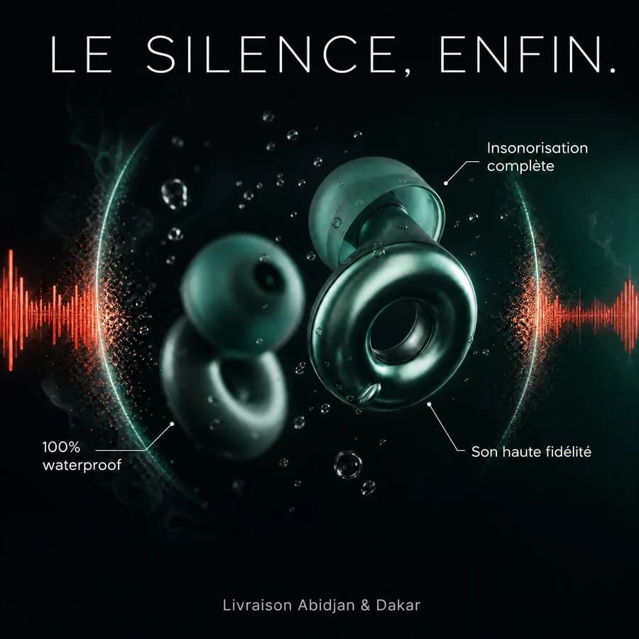 Publicité pour des écouteurs sans fil : fond noir, écouteurs vert émeraude entourés de bulles d’eau, titre « Le silence, enfin. »