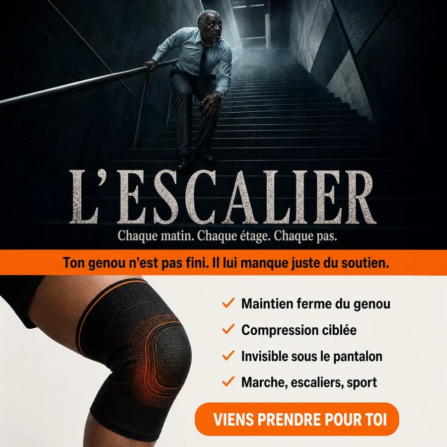 Publicité pour une genouillère de maintien : un homme monte un escalier avec difficulté, titre « L’escalier », et la liste des bénéfices du produit.