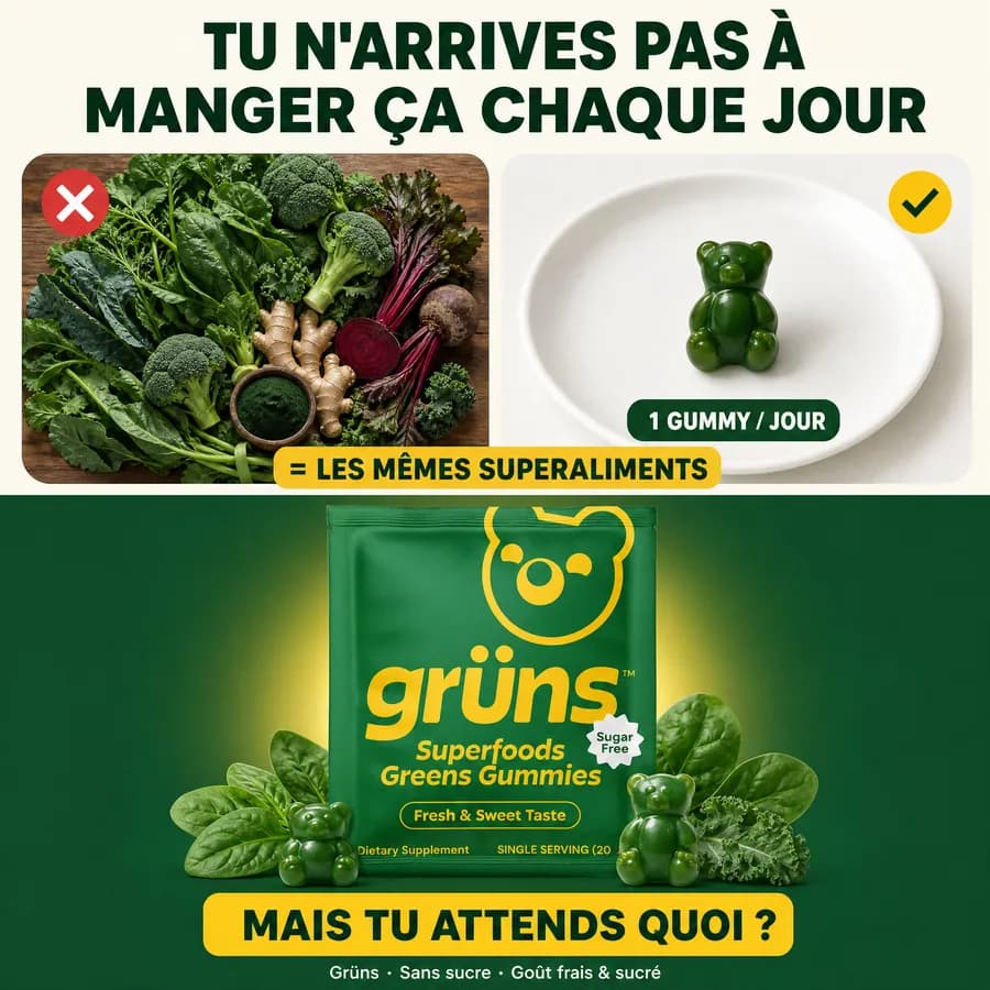 Ad for superfood gummies: a plate of greens compared to a single gummy, with the product pouch.