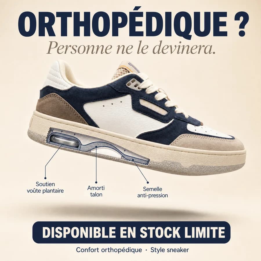 Publicité pour une basket orthopédique beige et bleu marine, avec une coupe technique de la semelle et le titre « Orthopédique ? Personne ne le devinera. »