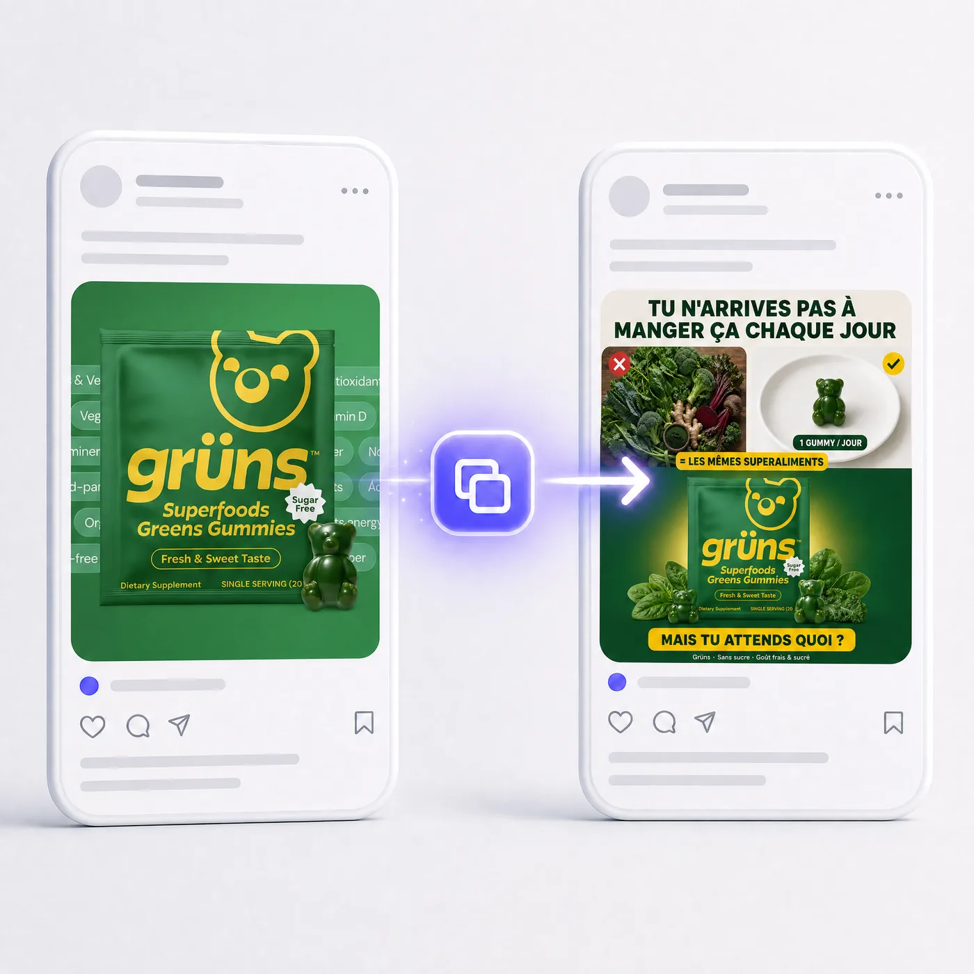 Vizuely’s Cloning feature: on the left an ordinary product post; on the right the same product turned into a structured professional ad with a headline and a comparison.