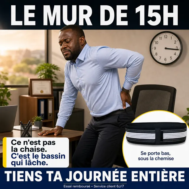 Generated ad: man at his desk with back pain, lumbar support belt highlighted — “The 3 p.m. wall”.