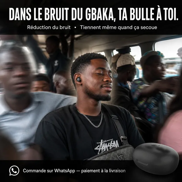 Generated scene: a calm young man wearing his earbuds in a packed minibus — noise cancelling.