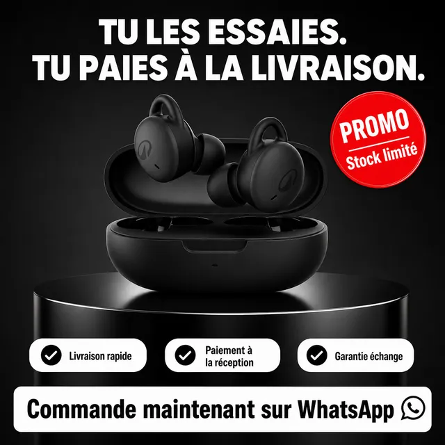 Visuel promo généré : écouteurs sur podium, paiement à la livraison, commande WhatsApp.